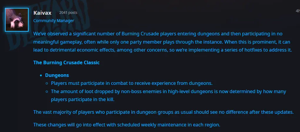 wow classic tbc anniversary Adjustments to Reduce Non-Participation in Dungeons